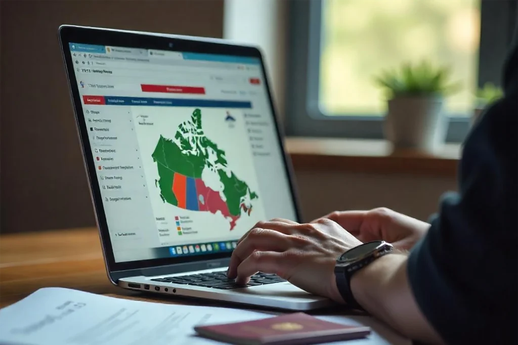 man-typing-on-a-laptop-with-a-map-of-canada-on-the