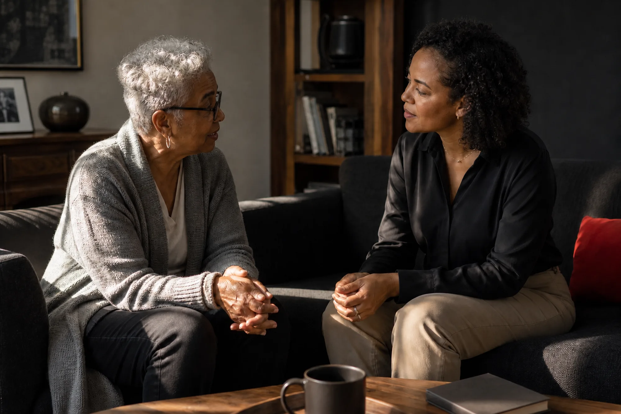 Professional caregiver providing companionship to an elderly person at home