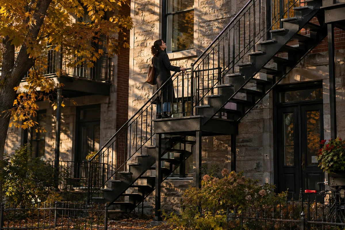 Person climbing a Montreal exterior staircase, a picture of Quebec's selection process in stages