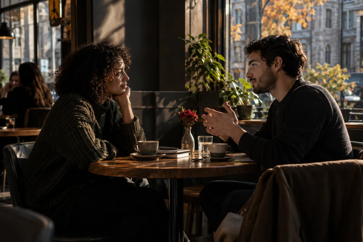Two people practising French in conversation at a Montreal café