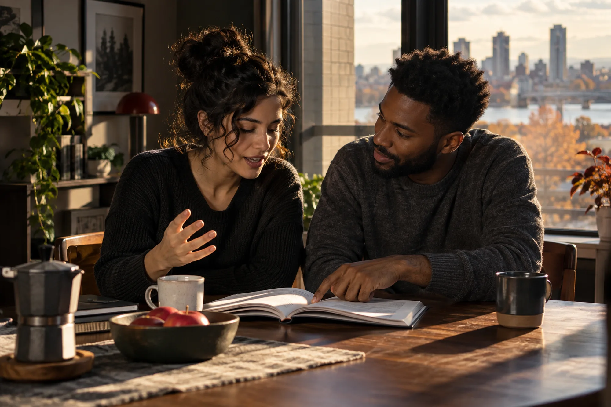 Couple practising French together at a table in a Montreal apartment