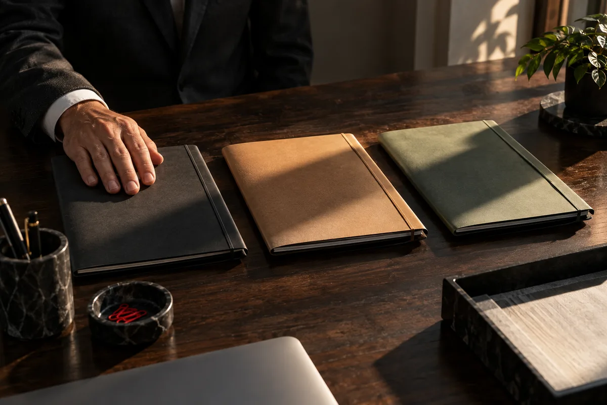 Three closed document folders laid out in order on a desk, the sequence Quebec requires before Ottawa