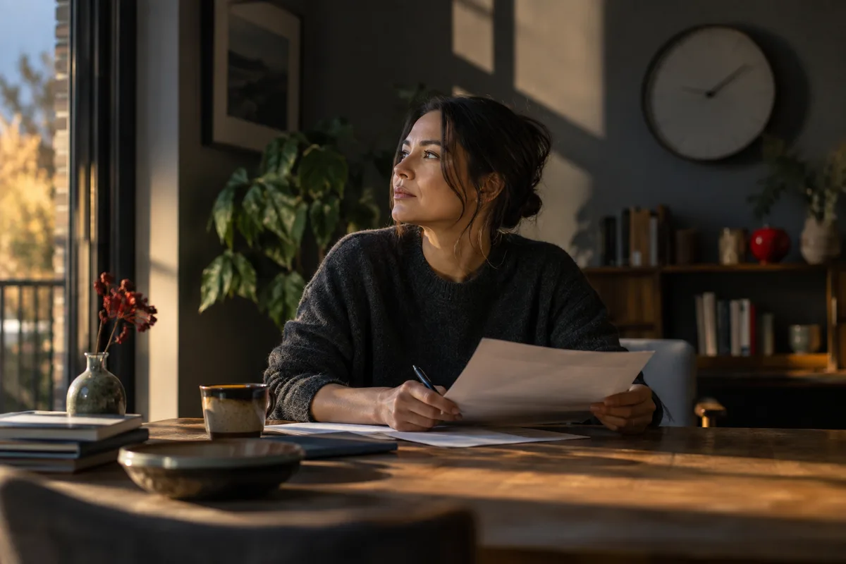 Person pausing over a document by a window, considering a CAQ that is about to expire