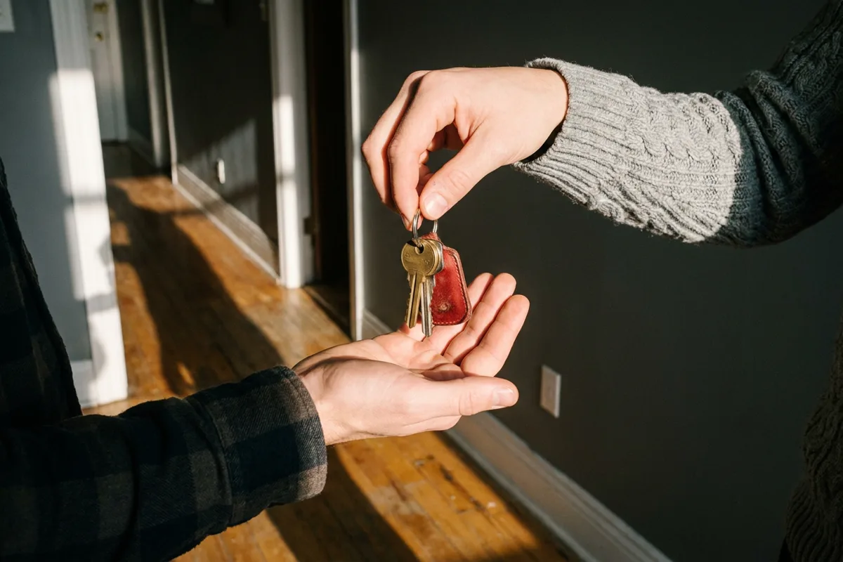 Hand passing a set of house keys into another person's open palm