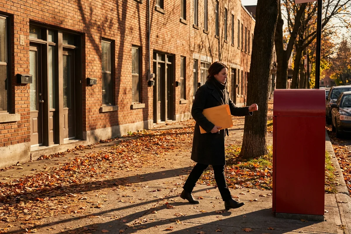 Woman walking to a red mailbox on an autumn street in Quebec with a large envelope in hand