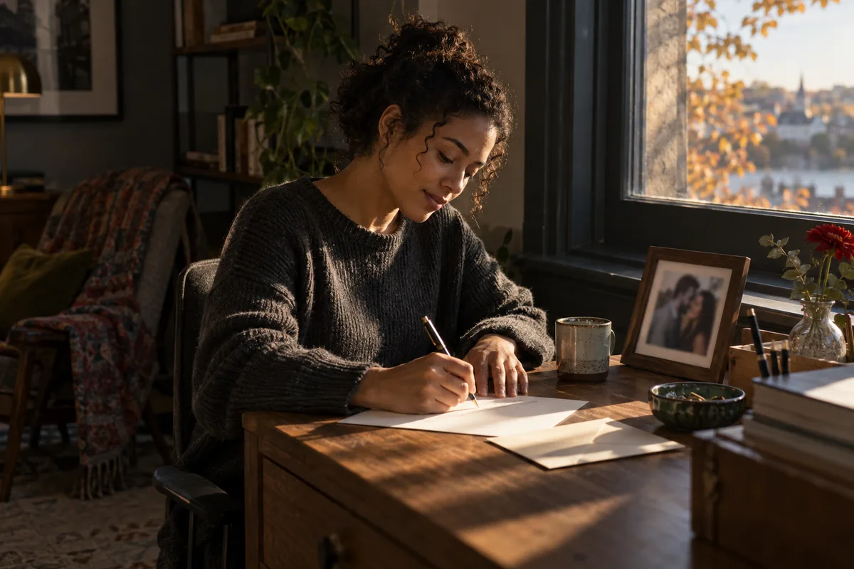Woman writing a letter by hand beside a framed photo of her partner