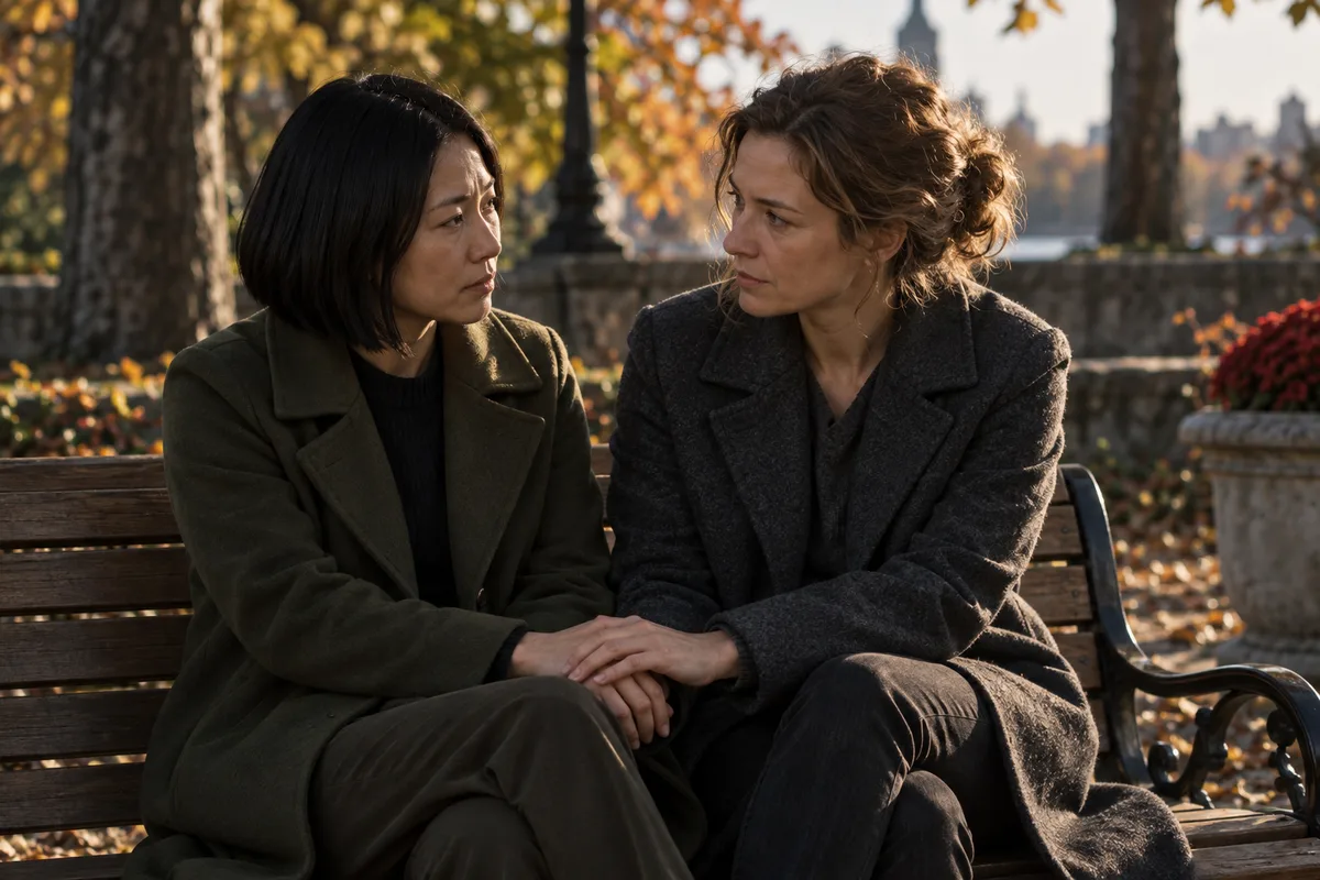 Two women talking quietly on a park bench in autumn about which sponsorship category fits them