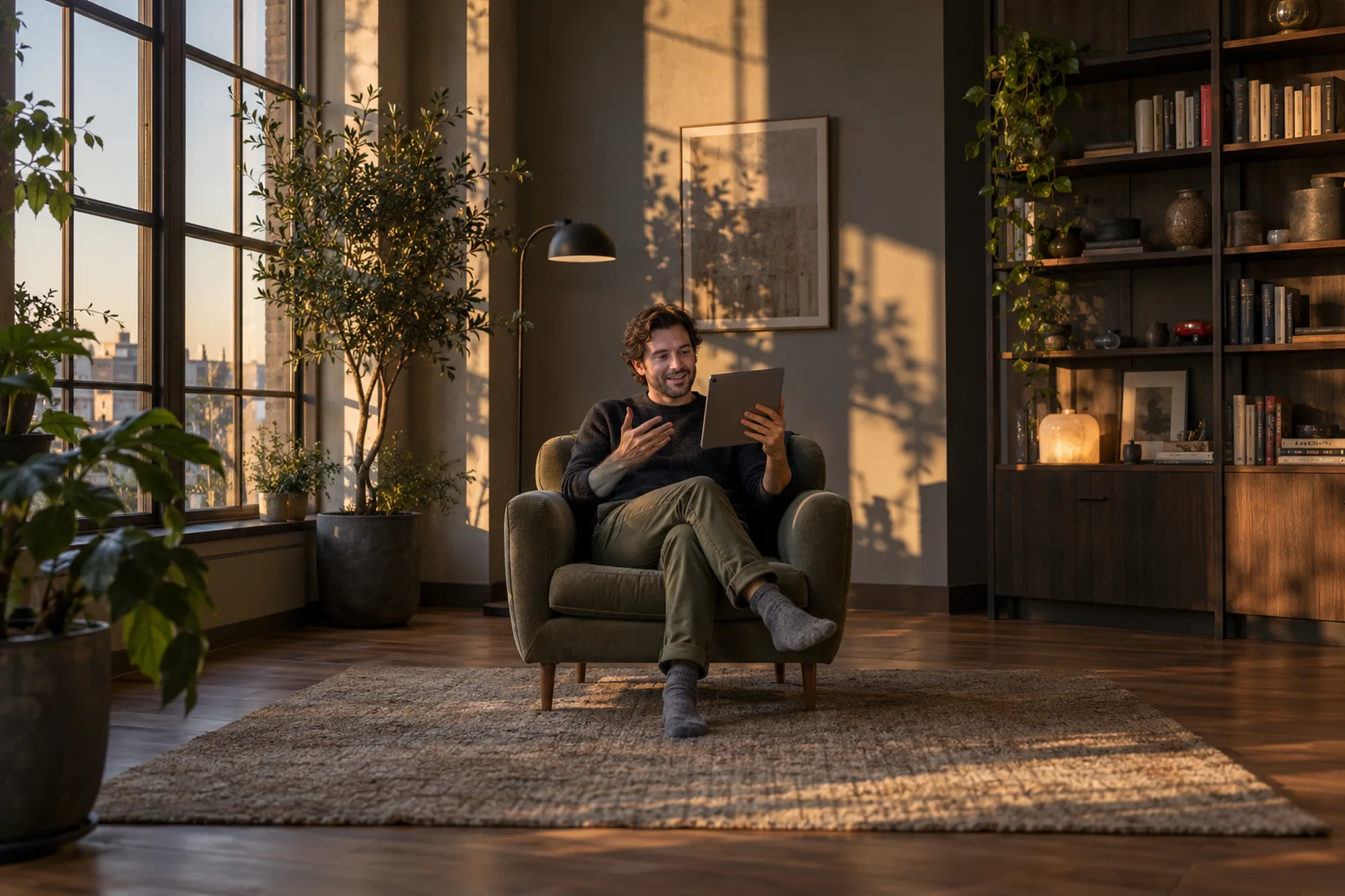 Man smiling during a video call on his tablet in an armchair, a relationship kept alive across a distance