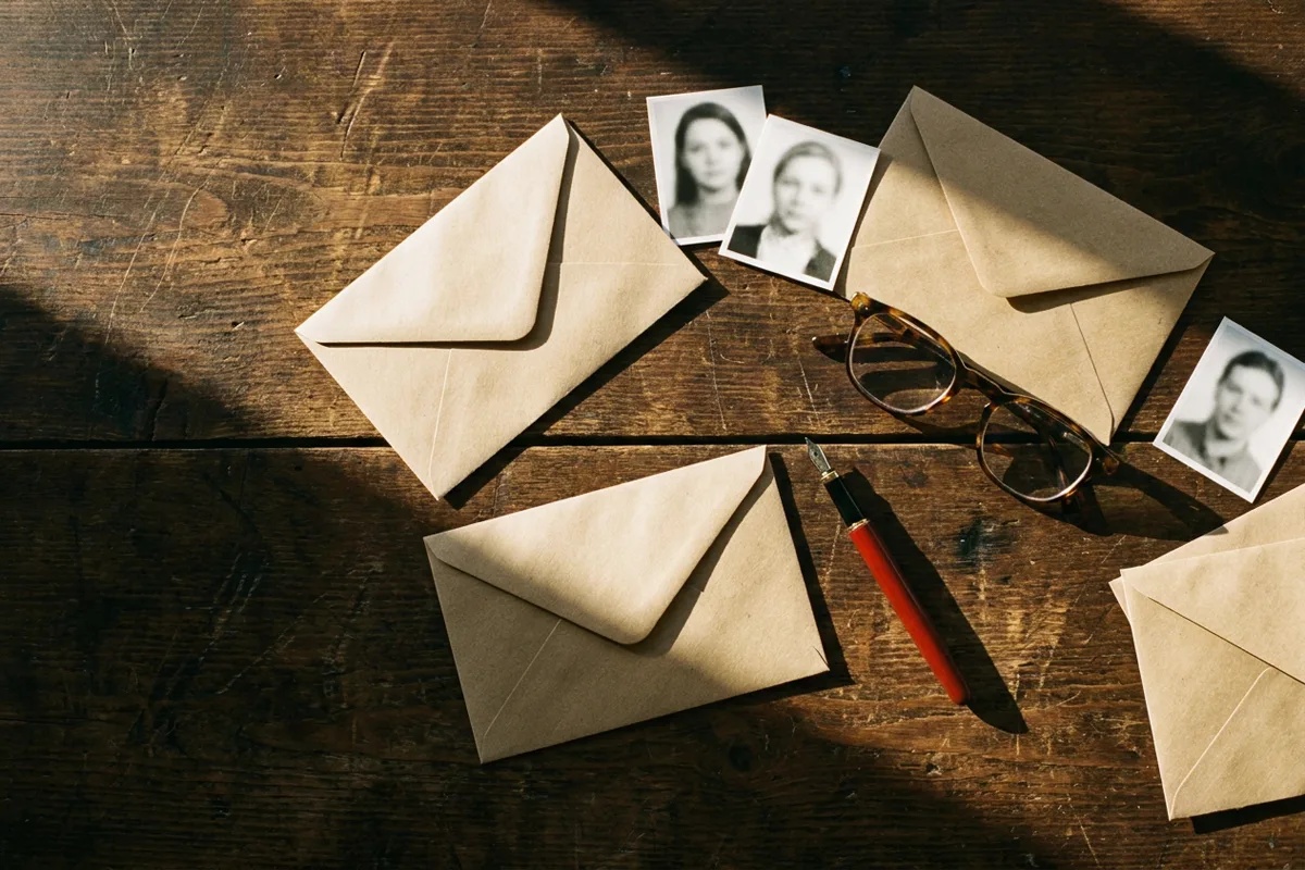 Envelopes, ID photos and reading glasses laid out on a wooden table, documents for a permanent residence application