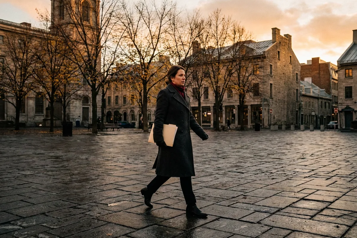 Woman crossing a historic cobblestone square in Quebec at dusk with a folder under her arm