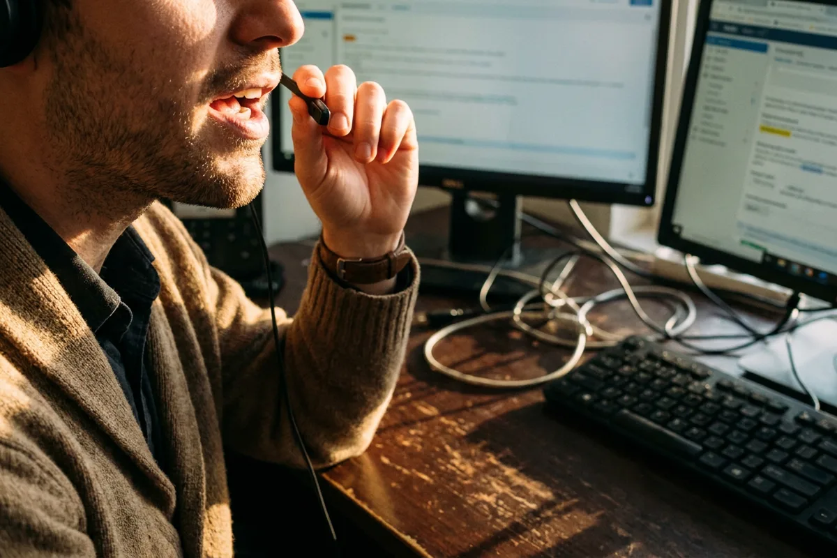 Man with a headset speaking during an online French speaking test at his desk