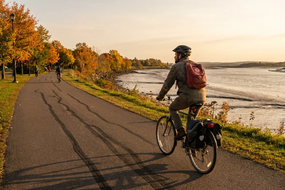 Man cycling to work along a riverside path on an autumn evening
