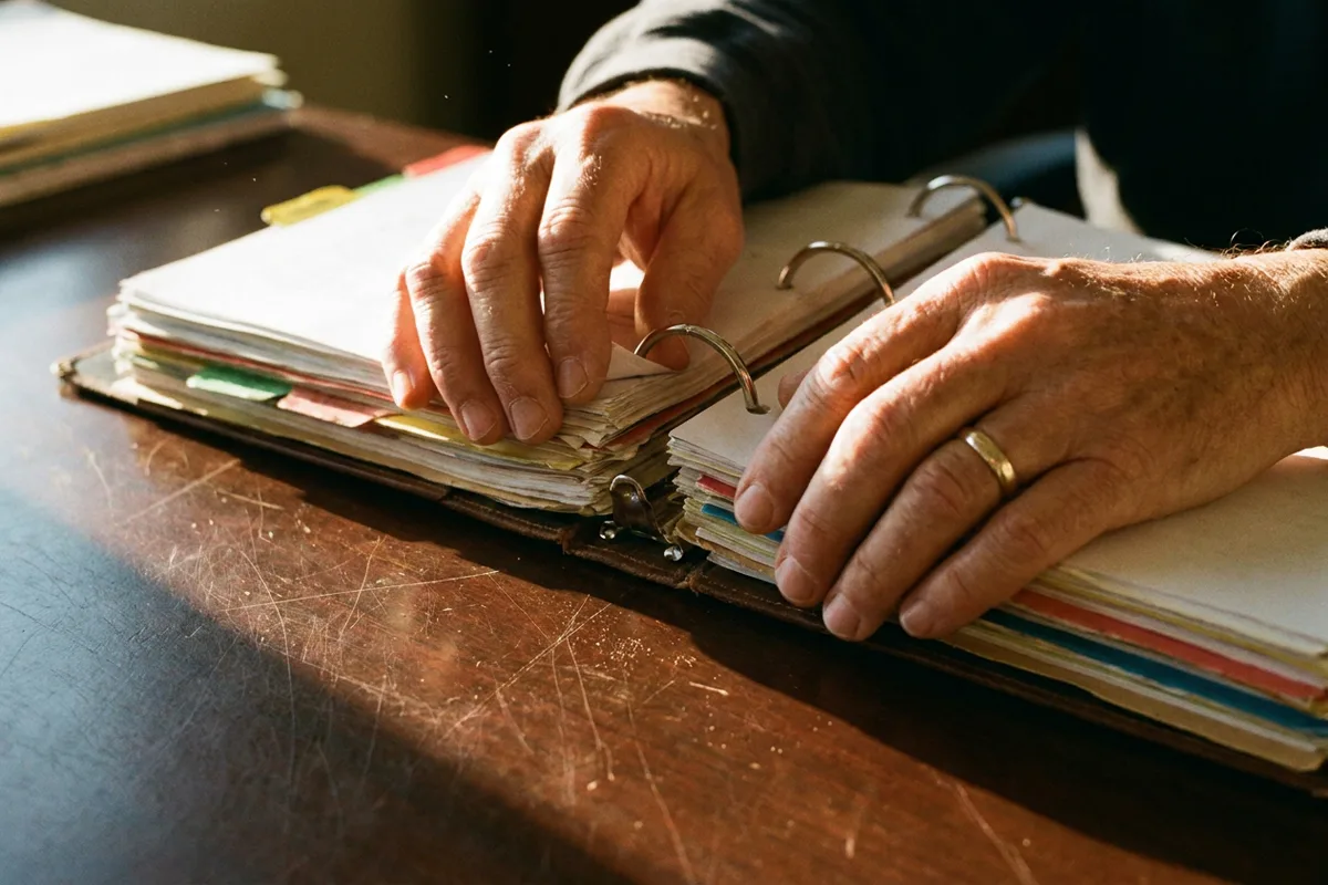 Hands closing a full binder of documents with tab dividers, a complete PEQ file