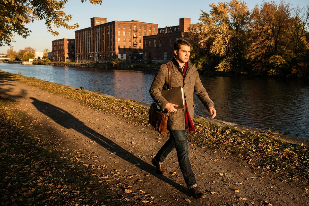 Man walking along the Lachine Canal in Montreal in late afternoon with a folder under his arm