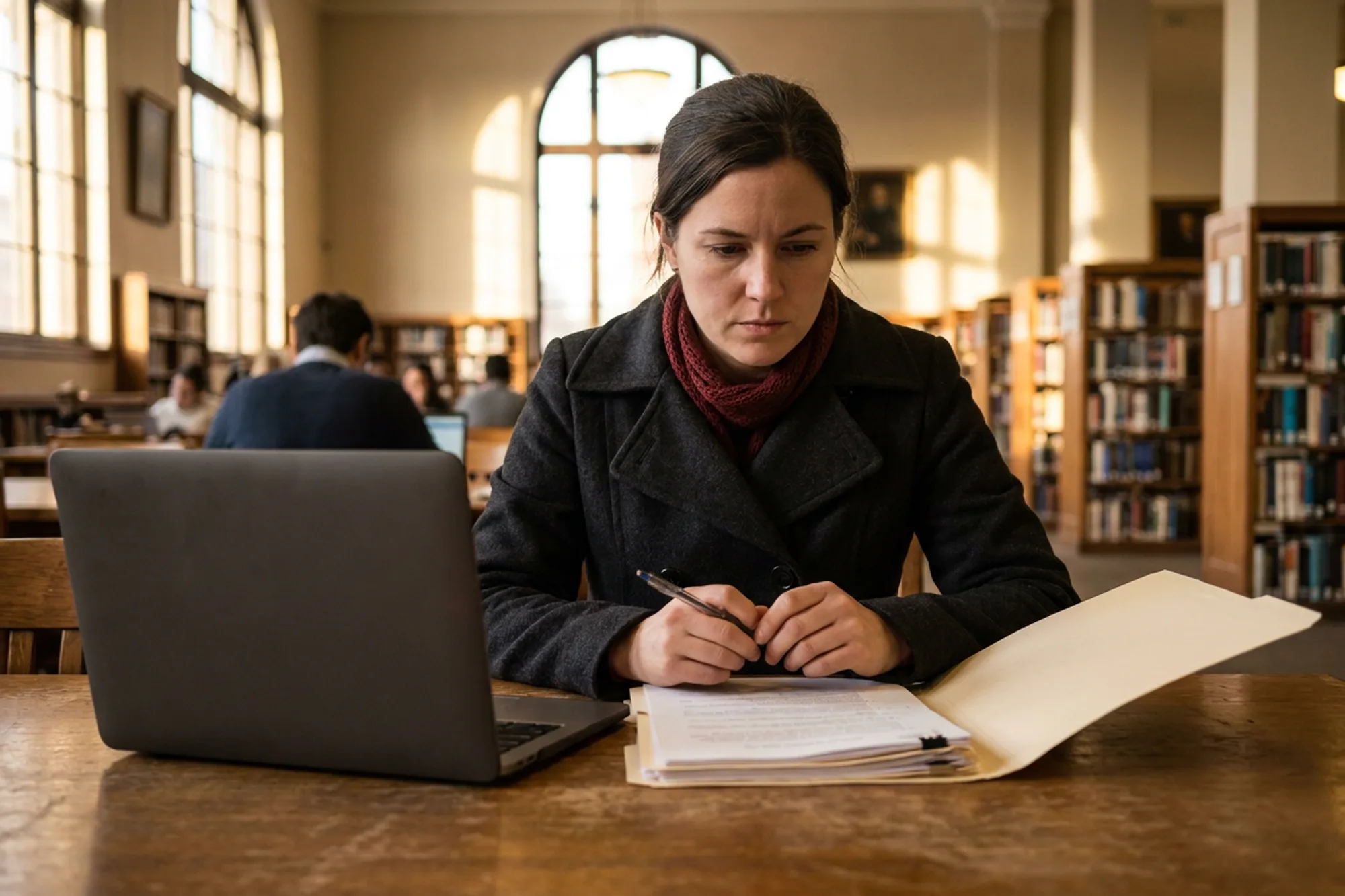 Woman working on her PEQ application file with a laptop and documents in a Montreal library